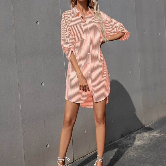 Coral Orange Casual Women's Striped Rolled Sleeve Shirt Dress - Picture 4 of 5